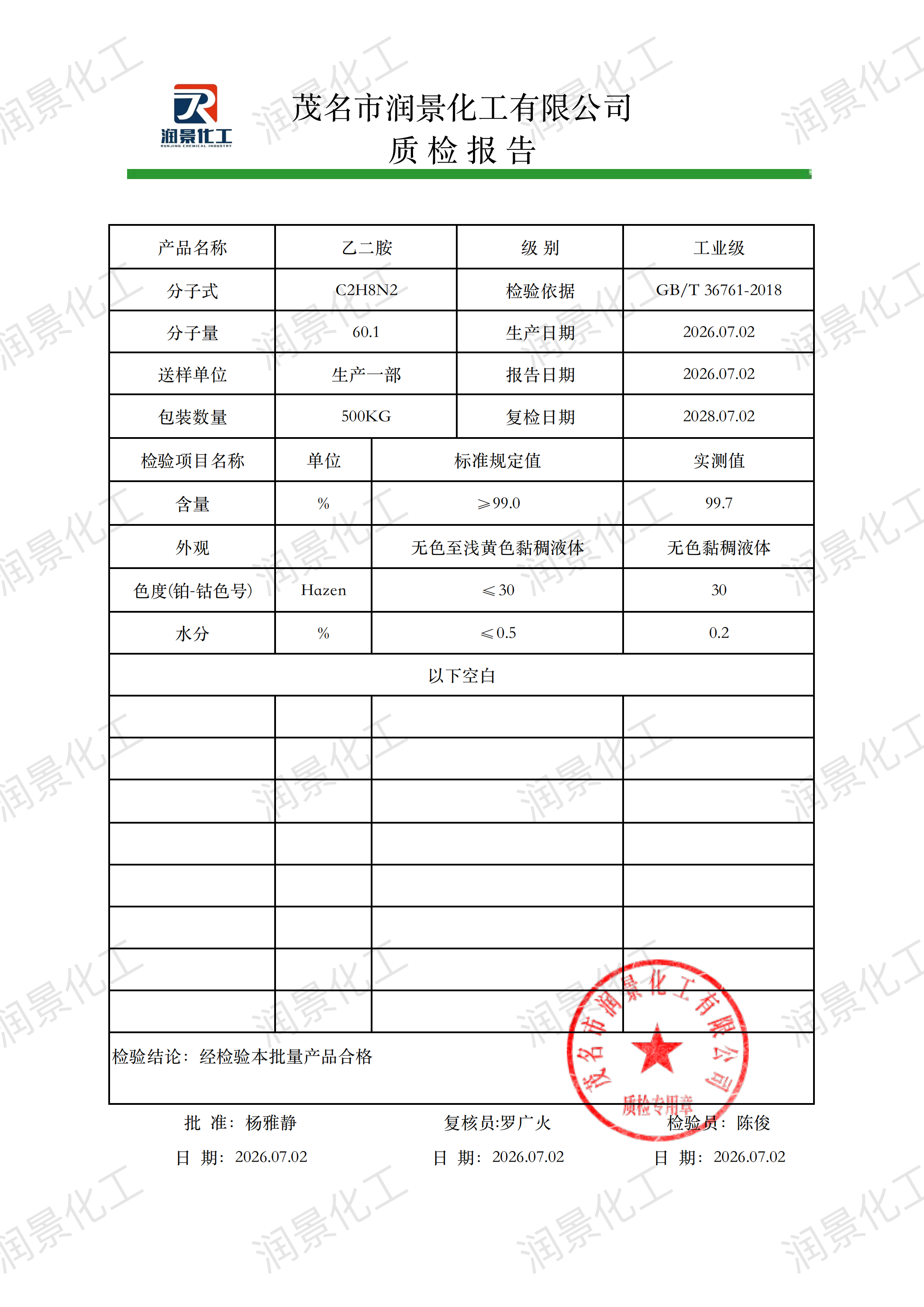 工业级乙二胺质检报告（润景）_00.png